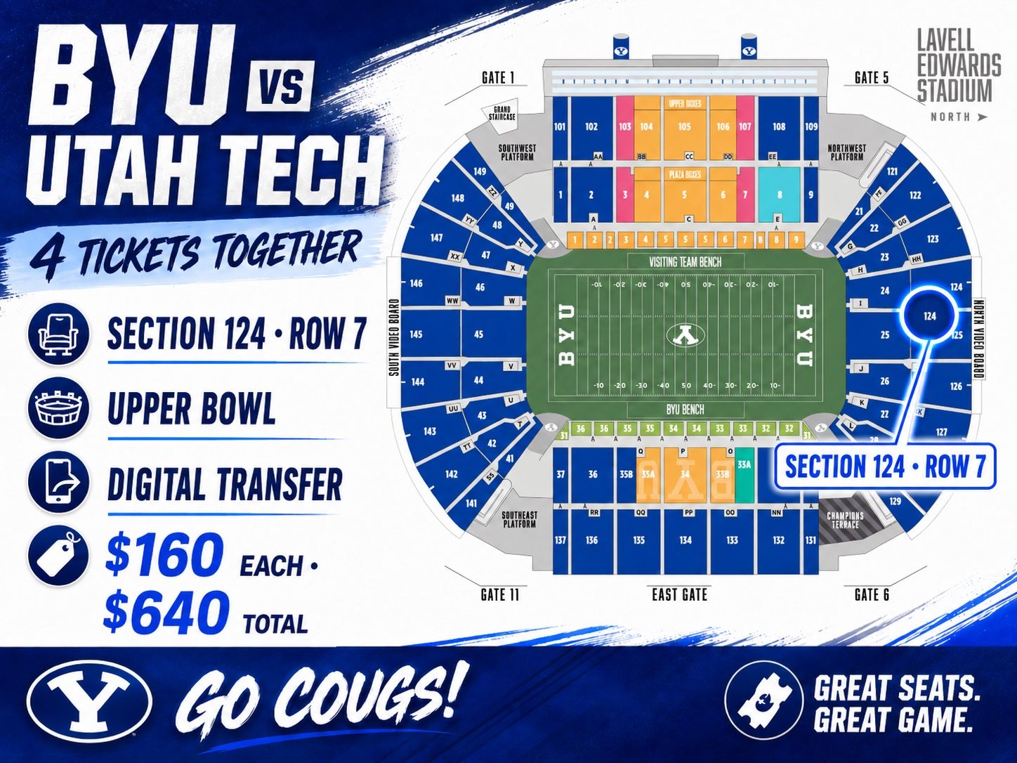 BYU Football vs Utah Tech - 4 Tickets - Section 124, Row 7