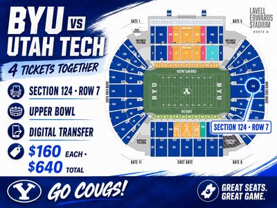 BYU Football vs Utah Tech - 4 Tickets - Section 124, Row 7