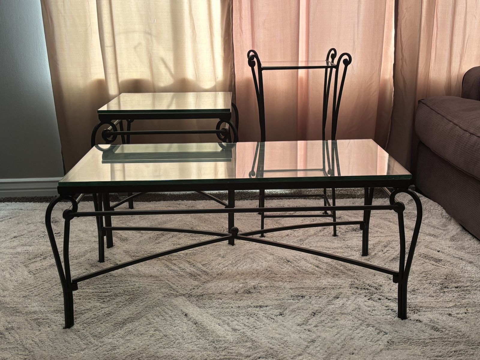 Glass and Metal Coffee Table and End Tables Set