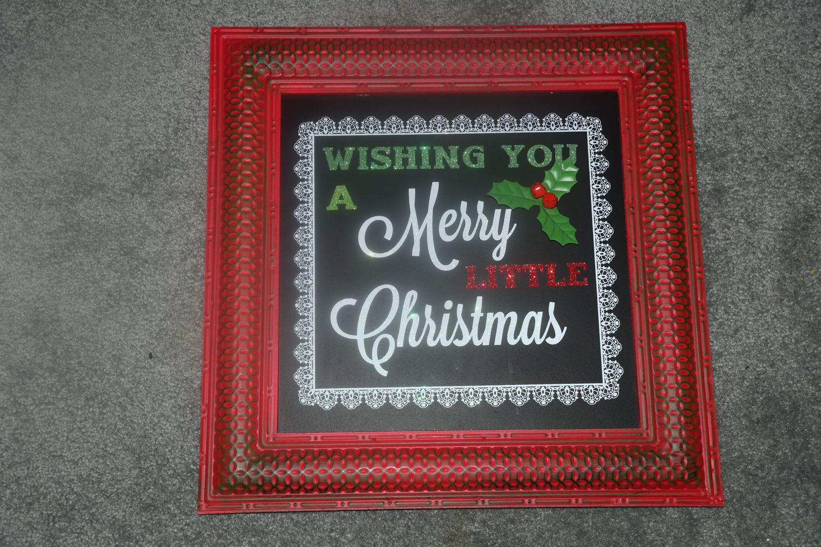 "WISHING YOU A MERRY CHRISTMAS" METAL WALL HANGING ~ 3D HOLLY ~ 18" x 18" ~ A LITTLE SPARKLE