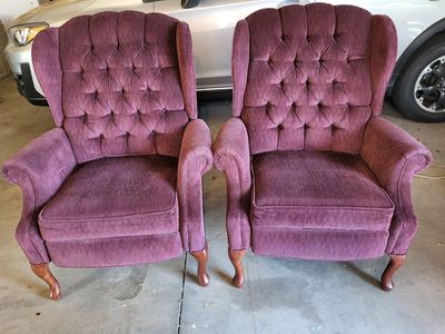 Pair of Burgundy Tufted Wingback Recliner Chairs - Classic Design, Excellent Condition