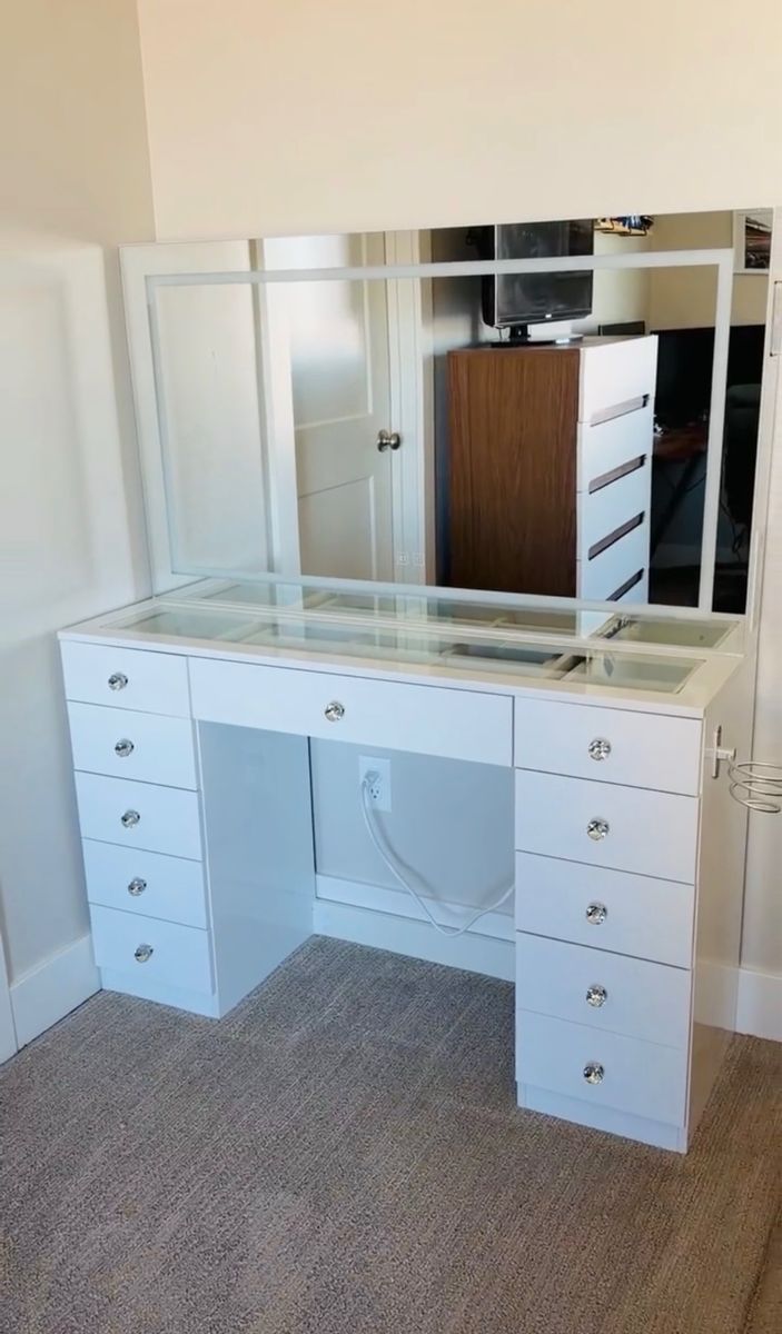 White Vanity Desk with Glass Top, Large Mirror, and Built-In Power Outlets