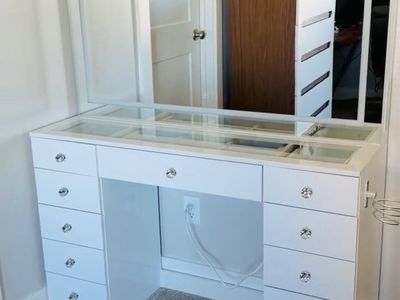White Vanity Desk with Glass Top, Large Mirror, and Built-In Power Outlets