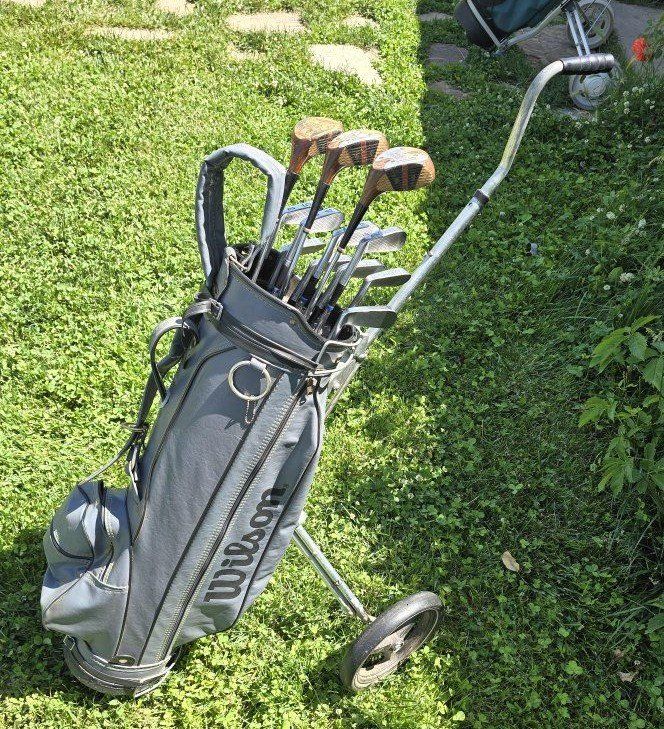 Vintage Wilson Gene Sarazen Signature irons 2 3 4 5 6 7 8 9 Putter + Wilson 1 2 3 wood Drivers + Golf Caddy!