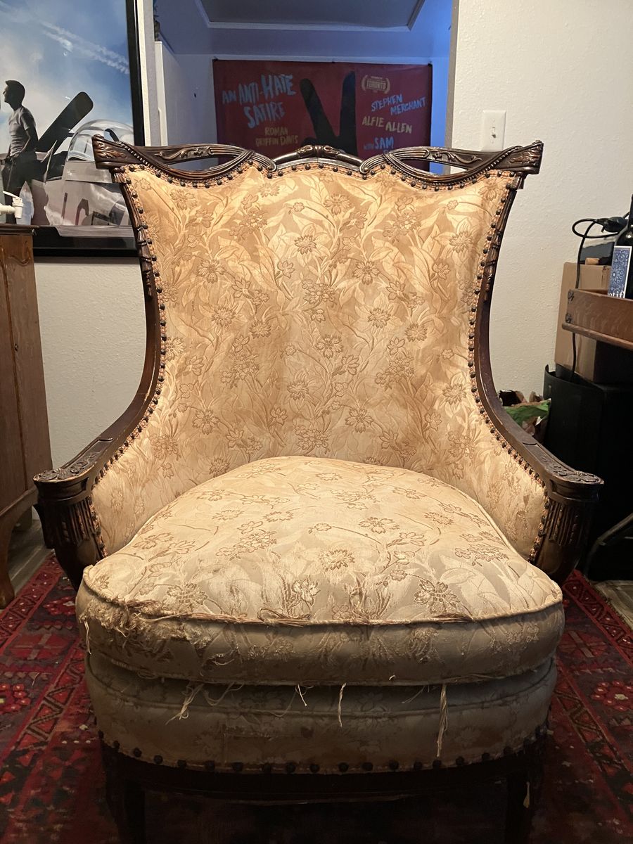 Ornate Vintage Wingback Armchair - Carved Wood Frame & Floral Upholstery