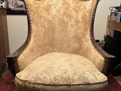 Ornate Vintage Wingback Armchair - Carved Wood Frame & Floral Upholstery
