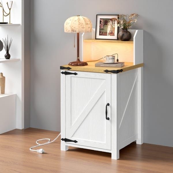 Farmhouse Nightstand with Charging Station, RGB LED Light, Barn Door, 2 AC/USB/Type-C Ports