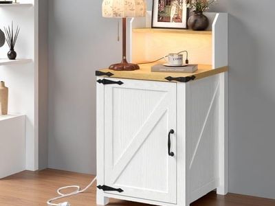 Farmhouse Nightstand with Charging Station, RGB LED Light, Barn Door, 2 AC/USB/Type-C Ports