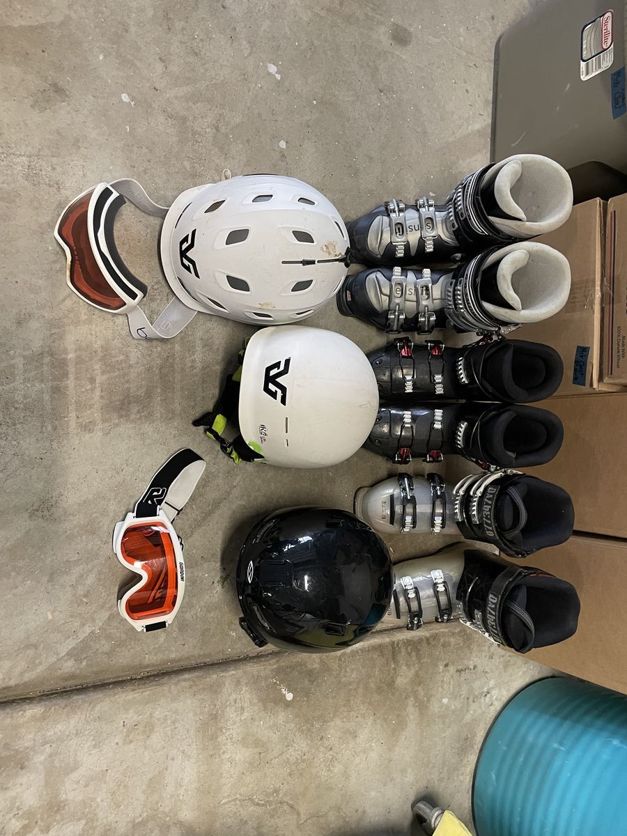 Snow Skis, boots, helmets, goggles