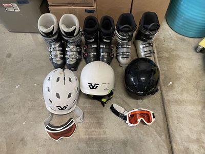 Snow Skis, boots, helmets, goggles