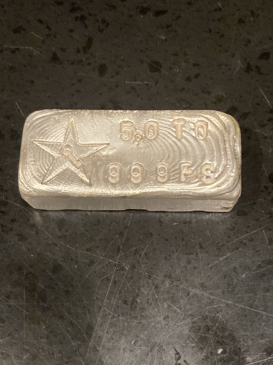 Vintage 5.0 Troy Ounce Poured .999+ Silver Bar