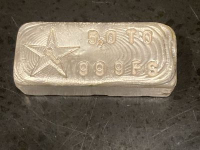 Vintage 5.0 Troy Ounce Poured .999+ Silver Bar