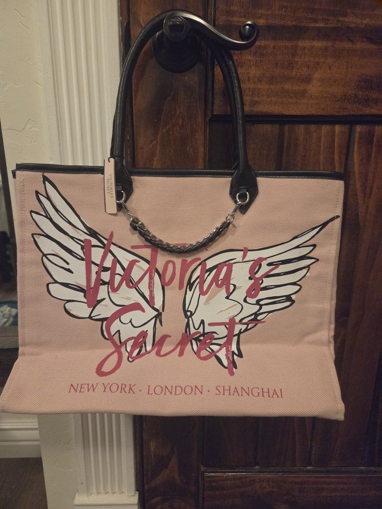 Victoria's Secret Pink Angel Wings Canvas Tote Bag with Chain Handle Accent