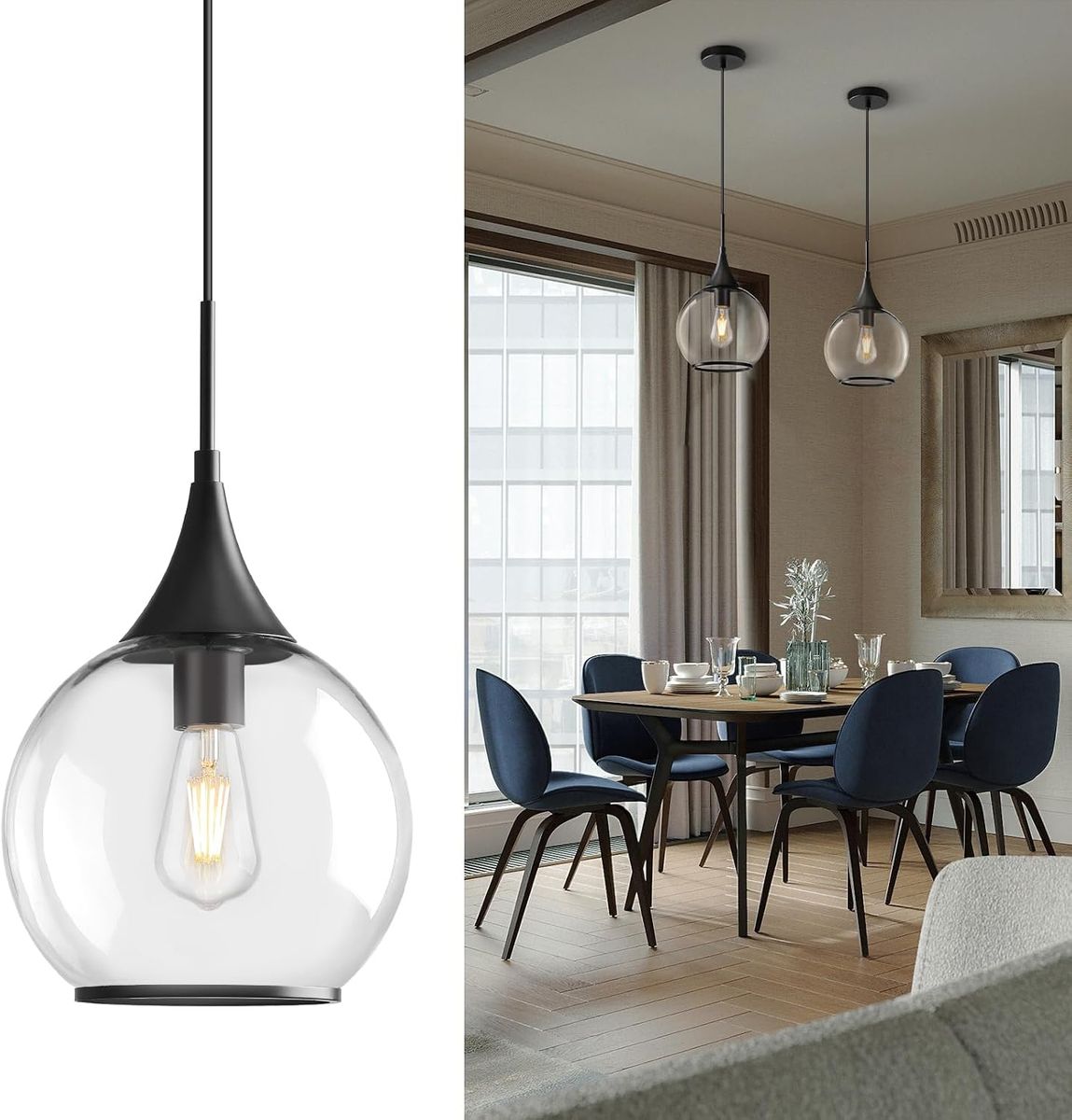 10" Matte Black Pendant Light Fixture Farmhouse with Clear Glass Globe