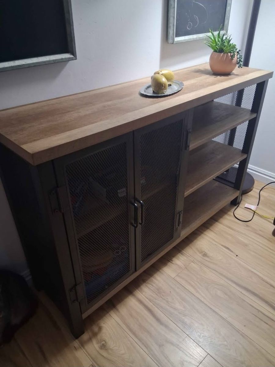 Industrial Style Wood and Metal Console Cabinet - Media Stand with Mesh Doors and Open Shelves