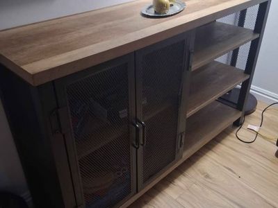 Industrial Style Wood and Metal Console Cabinet - Media Stand with Mesh Doors and Open Shelves