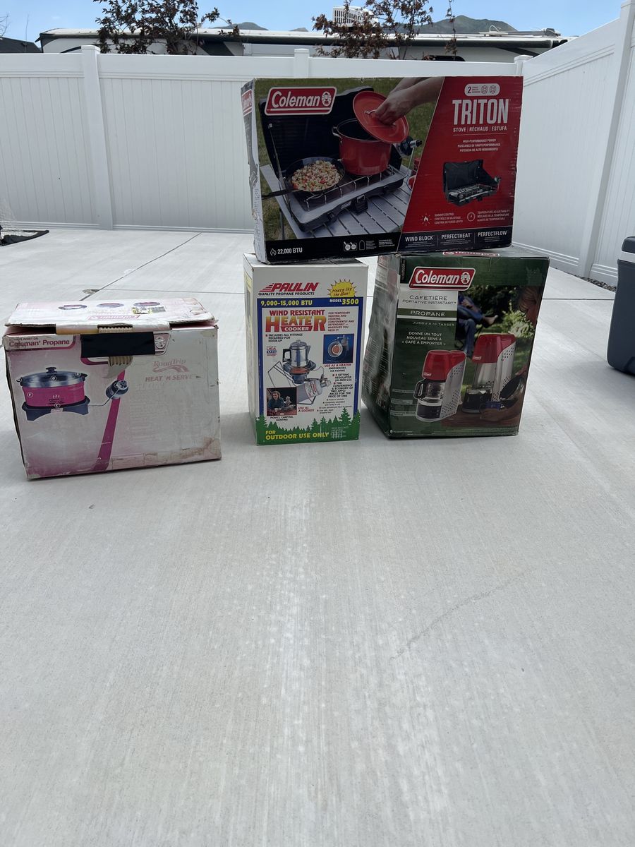 Coleman Triton Propane Stove, Paulin Heater/Cooker, Coleman Propane Coffeemaker, Roadtrip Heat 'n Serve