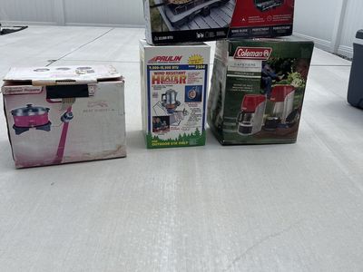 Coleman Triton Propane Stove, Paulin Heater/Cooker, Coleman Propane Coffeemaker, Roadtrip Heat 'n Serve