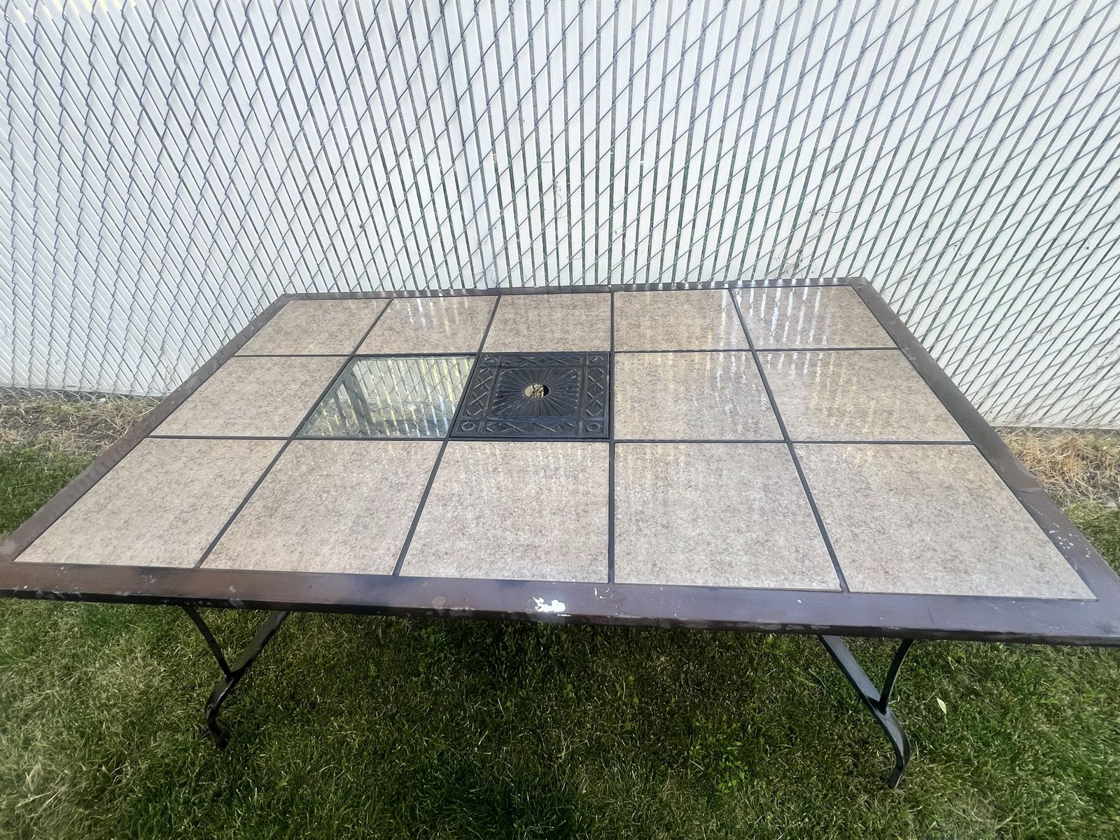 Outdoor Patio Dining Table Square Tile Top Brown Metal Frame