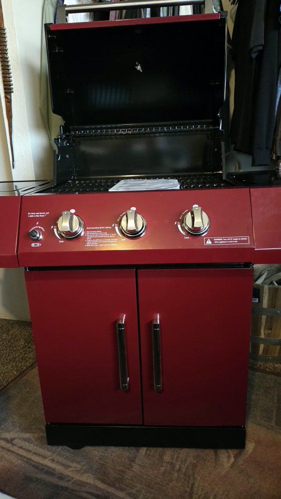 Red 3-Burner Gas Grill with Cabinet Base