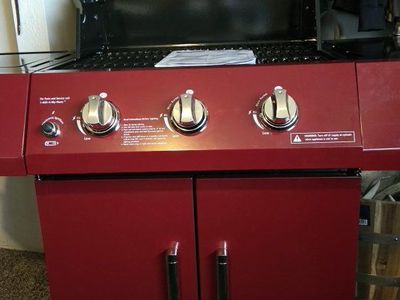 Red 3-Burner Gas Grill with Cabinet Base