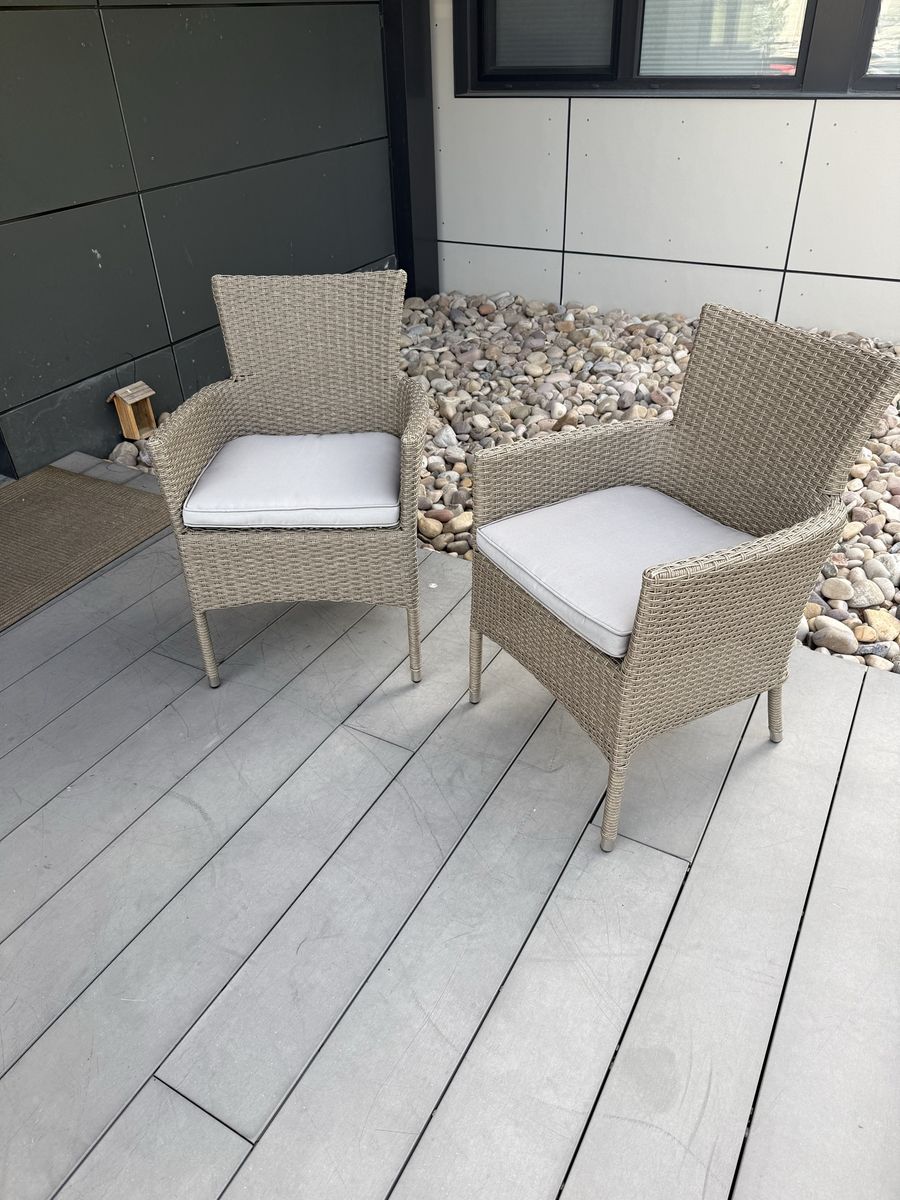Outdoor Wicker Patio Chairs with Grey Cushions - Excellent Condition