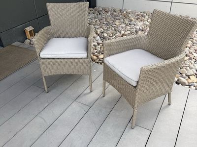 Outdoor Wicker Patio Chairs with Grey Cushions - Excellent Condition