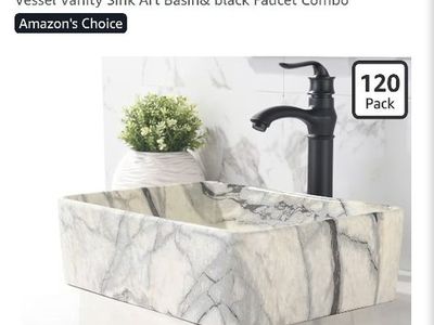marble vessel sink with faucet and drain