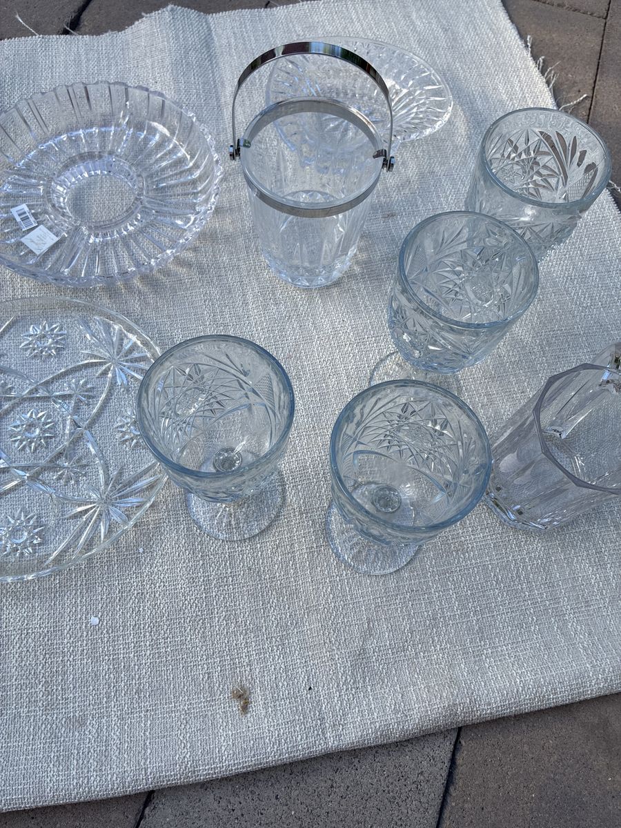 Vintage Cut Glass Drinkware Set with Ice Bucket & Serving Plates - Clear Crystal Design