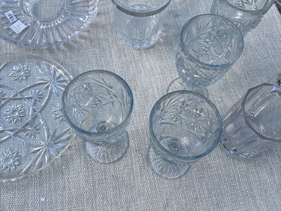 Vintage Cut Glass Drinkware Set with Ice Bucket & Serving Plates - Clear Crystal Design
