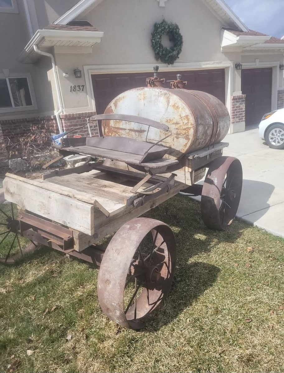 Vintage Kerosene Water Tank Wagon with Large Steel Wheels - Rustic Farmhouse Decor/Garden Feature