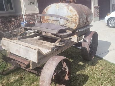 Vintage Kerosene Water Tank Wagon with Large Steel Wheels - Rustic Farmhouse Decor/Garden Feature