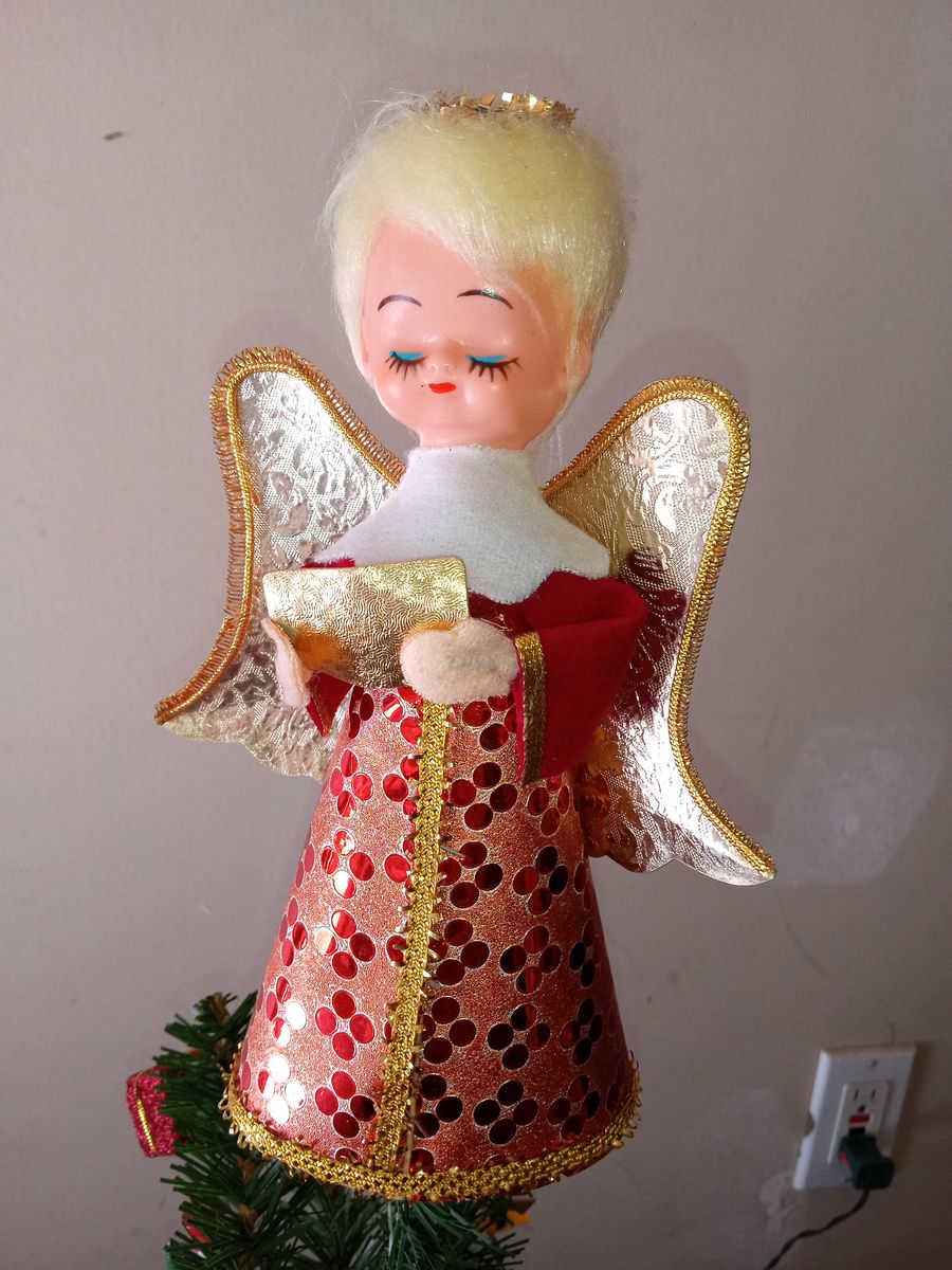 Vintage Christmas Tree Topper Angel Red Gold Sequins Blonde Hair Plastic Face