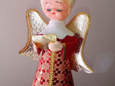 Vintage Christmas Tree Topper Angel Red Gold Sequins Blonde Hair Plastic Face