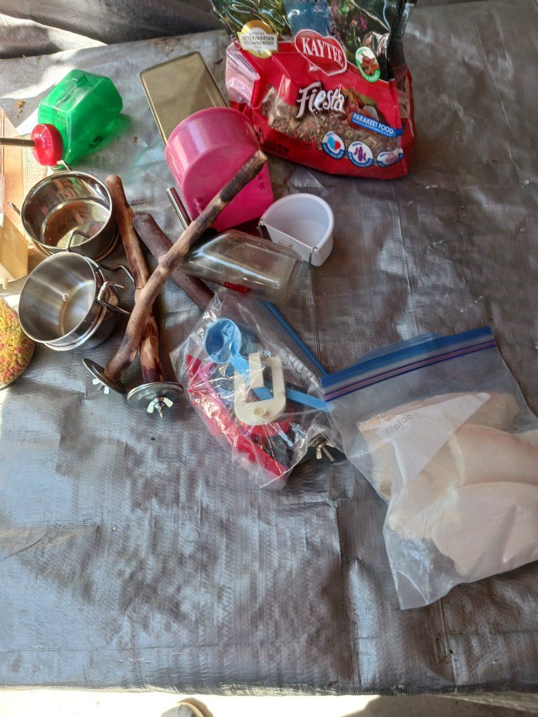 Assorted Bird Supplies Lot with Food, Perches, Bowls and Toys