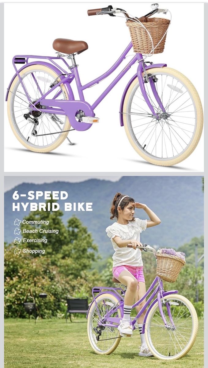 Glerc 24 Inch Beach Cruiser Bike, 6-Speed Hybrid City Bicycle
