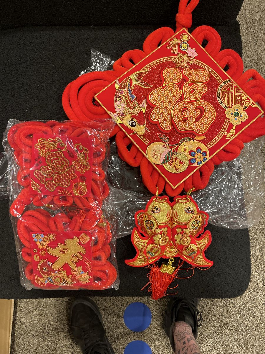 Chinese New Year Fu Character & Fish Knot Tassels - Red & Gold Wall Decor, Traditional Festive Hangings