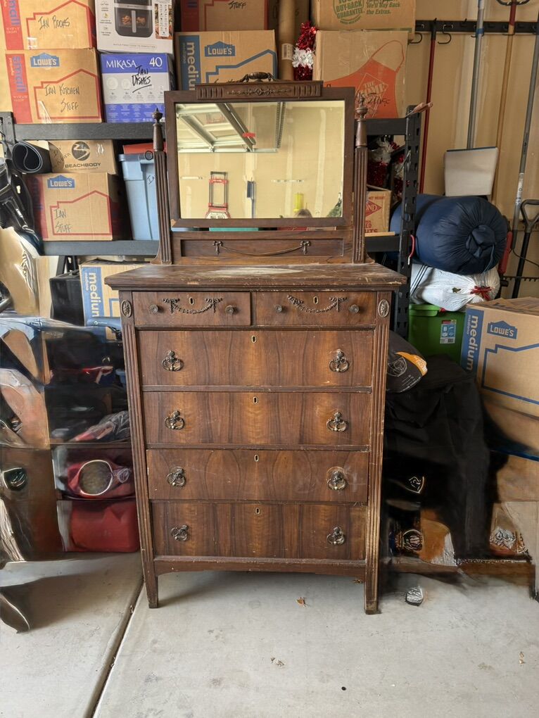 Antique Dresser with keyholes and mirror 6 drawers