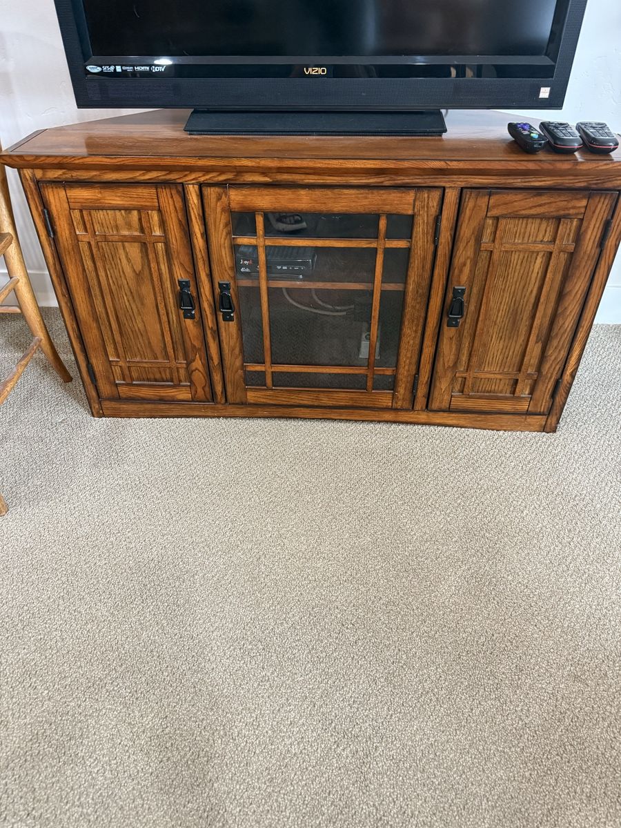 Oak Wood TV Stand Media Console Entertainment Center with Glass Door & Side Cabinets