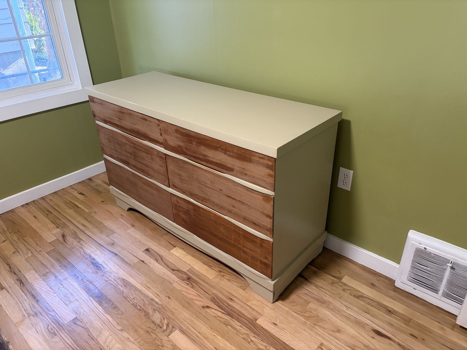 Mid century modern dresser - Harmony house solid wood with veneer - refinished with paint - custom drawer collages