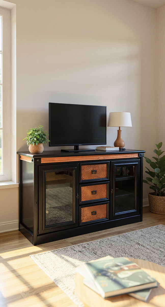 Modern Black Cabinet with Real Copper Drawers | Buffet or TV Stand