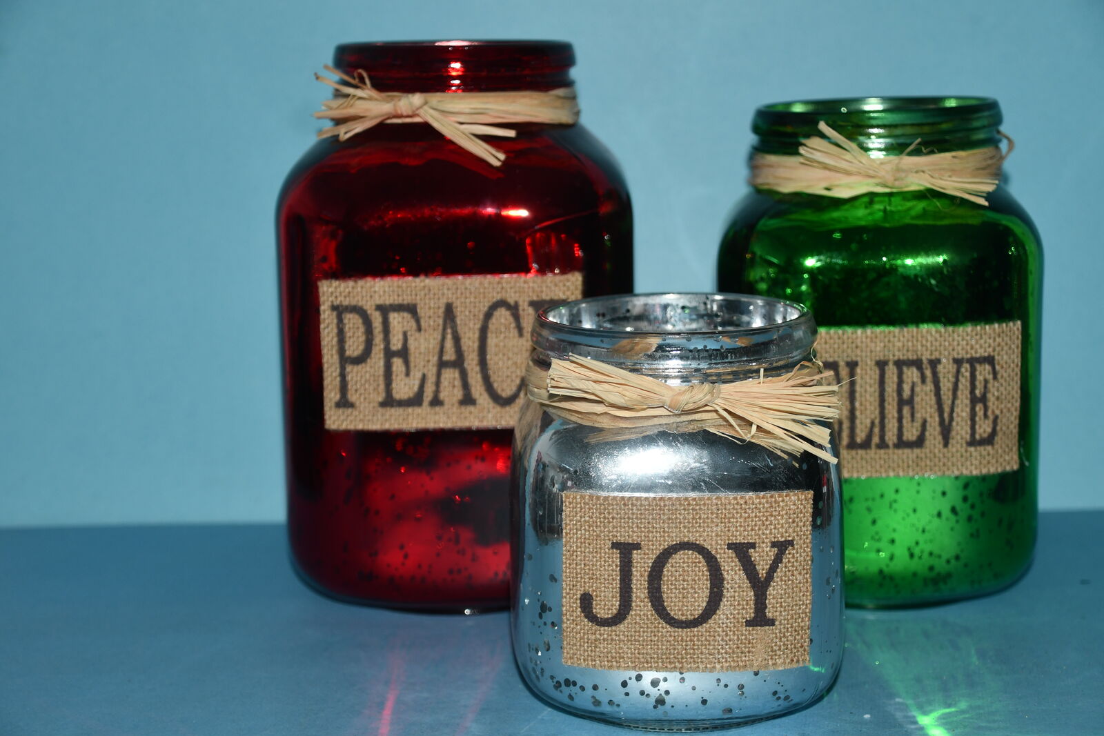 3 CHRISTMAS GLASS JARS with BURLAP LABELS ~ PEACE, BELIEVE, JOY ~ 5.5", 7.5" & 9" ~ ALL FOR $5!