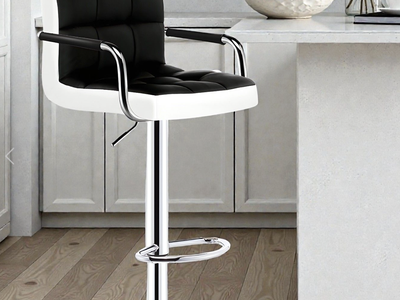 6 NEW Bar Stools with Nappa-Texture Faux Leather and Adjustable Chrome Base - White/Black. Still in box.