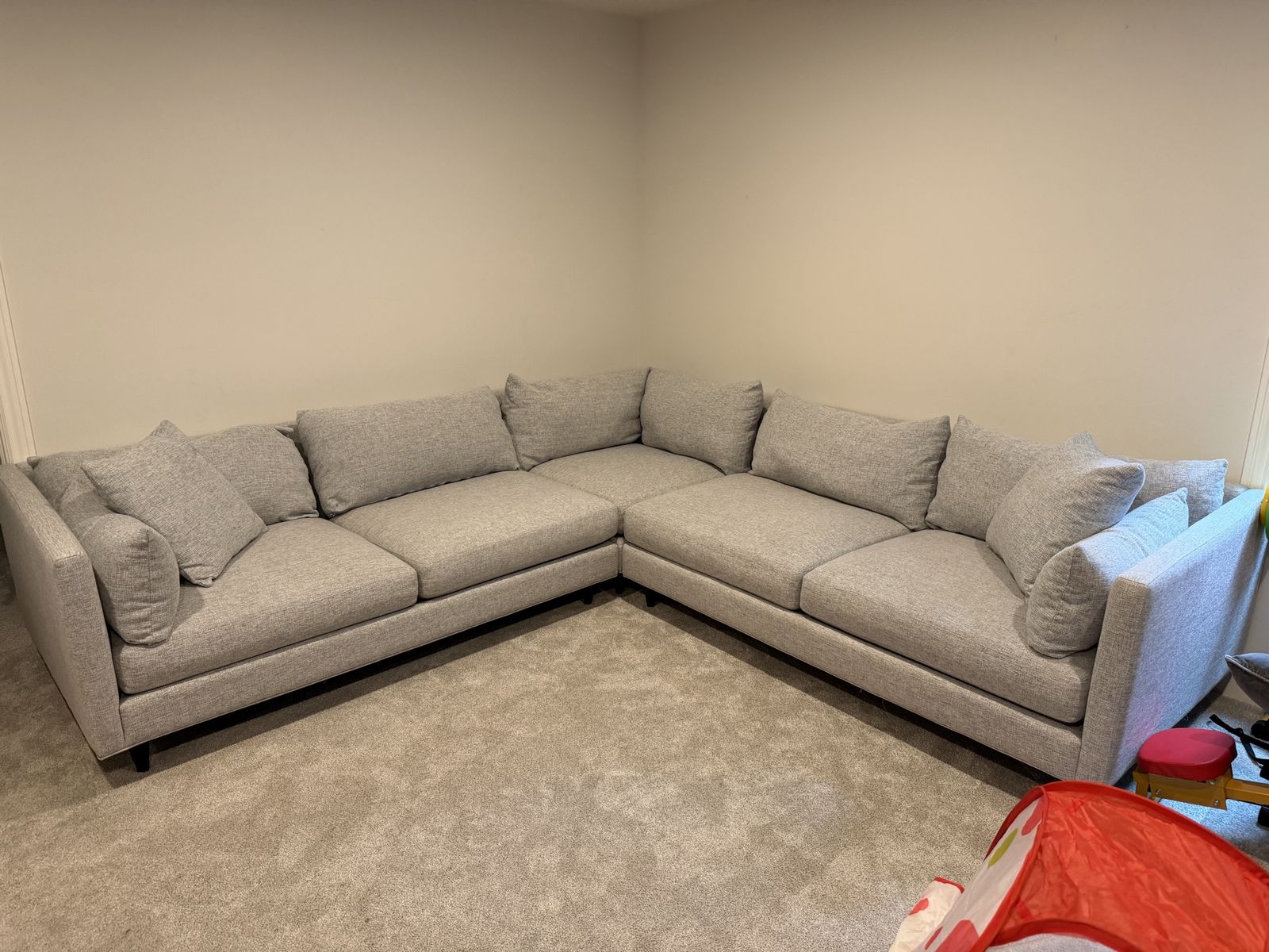 Large Heather Gray Woven Fabric Sectional Sofa - Deep Cushions, L-Shaped, Seats 6-7