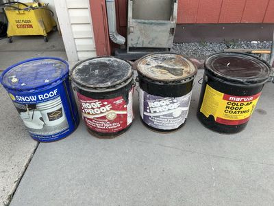 Four 5 Gallon Buckets of Asphalt Roof Coating Material, One is White Coating