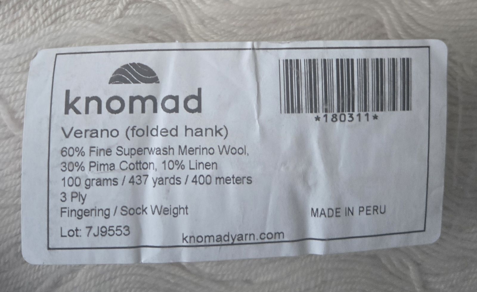 Knomad Verano Fingering Weight Yarn Hank