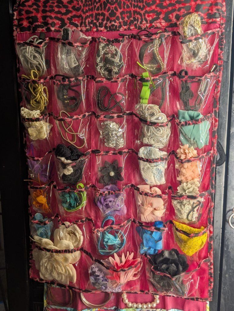 Hanging Jewelry Organizer - Double-Sided Storage with Multiple Pockets (Pink Leopard Print) including TONS of hair accessories