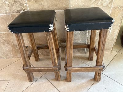 Pair of Mid Century A. Brandt Leather Ranch Oak Stools