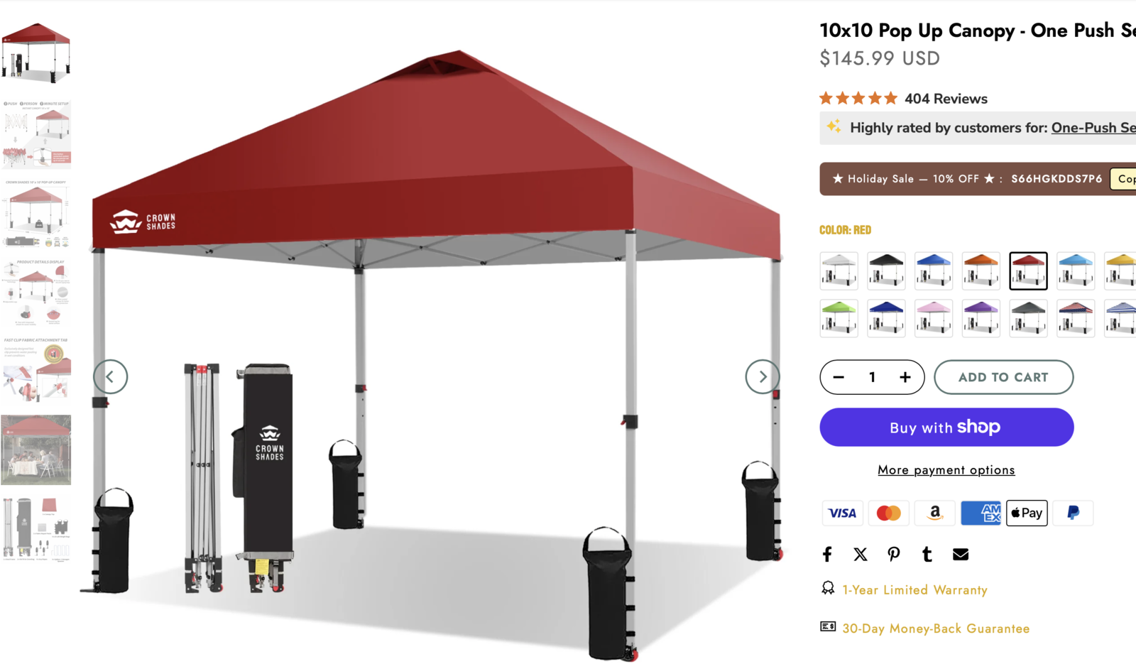 Red Pop Up Canopy One Push Setup with 1 Side Wall, Sun Shade, 10x10FT