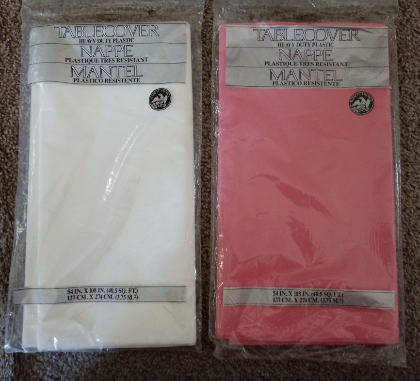 Heavy Duty Plastic Tablecovers 54 In x 108 In White and Pink Lot Of Two